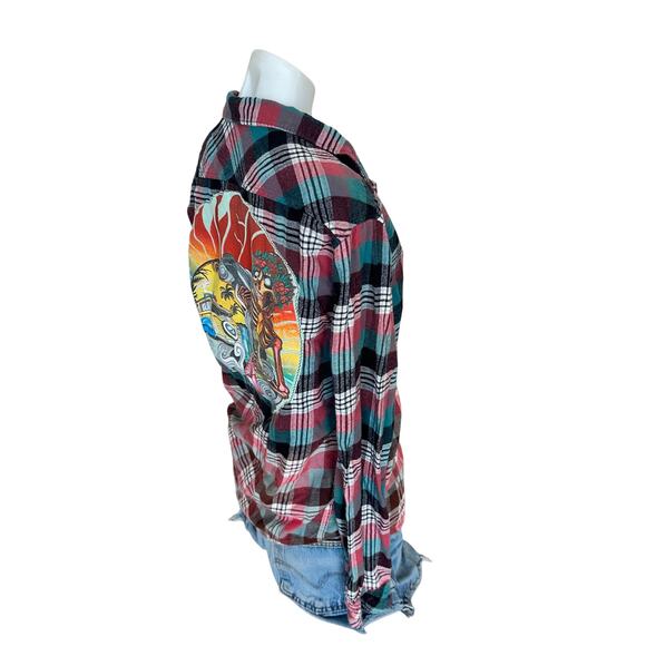 Grateful Dead Plaid Flannel Shirt SMALL Oversized Skeleton Roses One of Kind - Picture 3 of 6